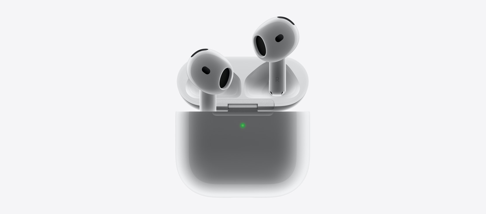 AirPods 4, как они помещаются в зарядный футляр.